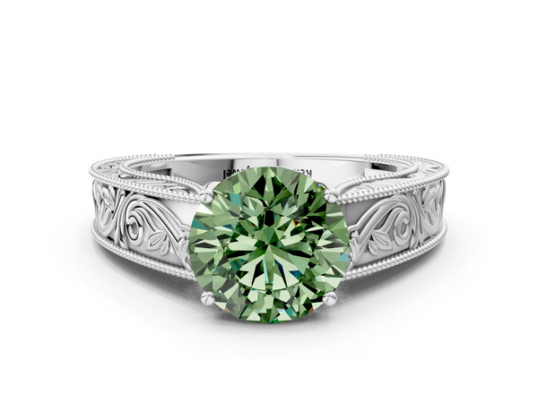 Platinum Fancy Green Round Cut Diamond Solitaire Ring with Engraved Band and Four-Prong Setting