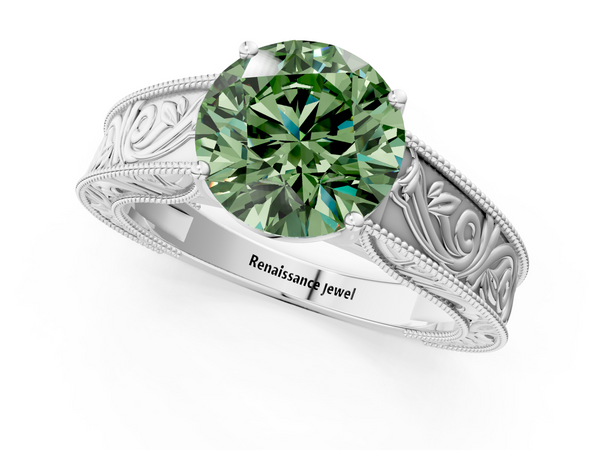 Platinum Fancy Green Round Cut Diamond Solitaire Ring with Engraved Band and Four-Prong Setting