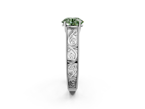 Platinum Fancy Green Round Cut Diamond Solitaire Ring with Engraved Band and Four-Prong Setting