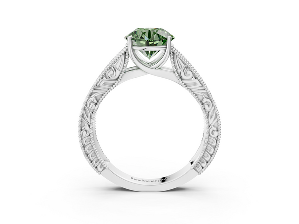 Platinum Fancy Green Round Cut Diamond Solitaire Ring with Engraved Band and Four-Prong Setting