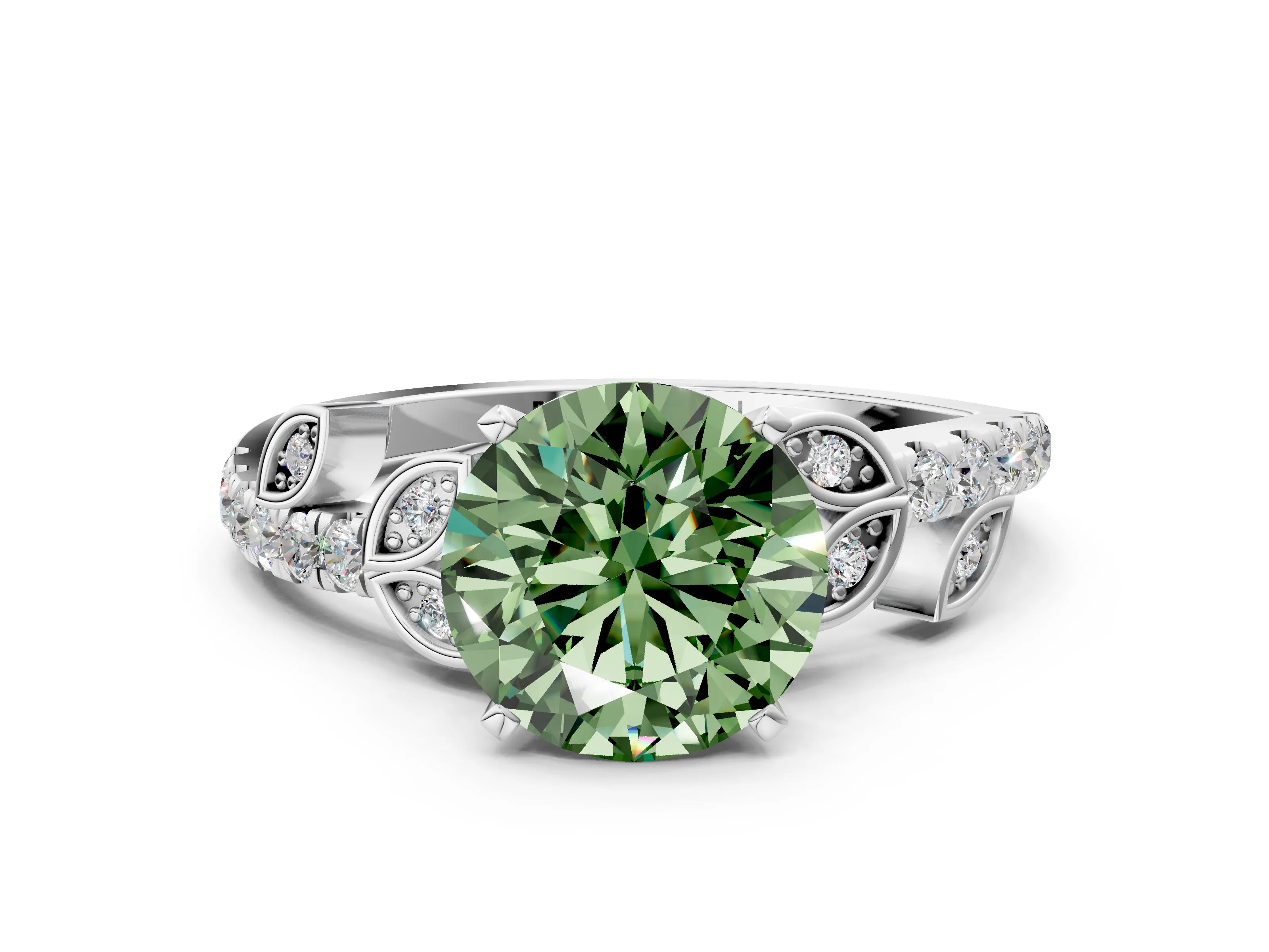 White gold Fancy Green Round Cut Solitaire Leaf-Inspired Diamond Ring with Pavé Band and Four-Prong Setting_12