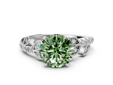 White gold Fancy Green Round Cut Solitaire Leaf-Inspired Diamond Ring with Pavé Band and Four-Prong Setting_12