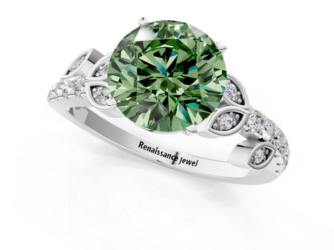 White gold Fancy Green Round Cut Solitaire Leaf-Inspired Diamond Ring with Pavé Band and Four-Prong Setting_13