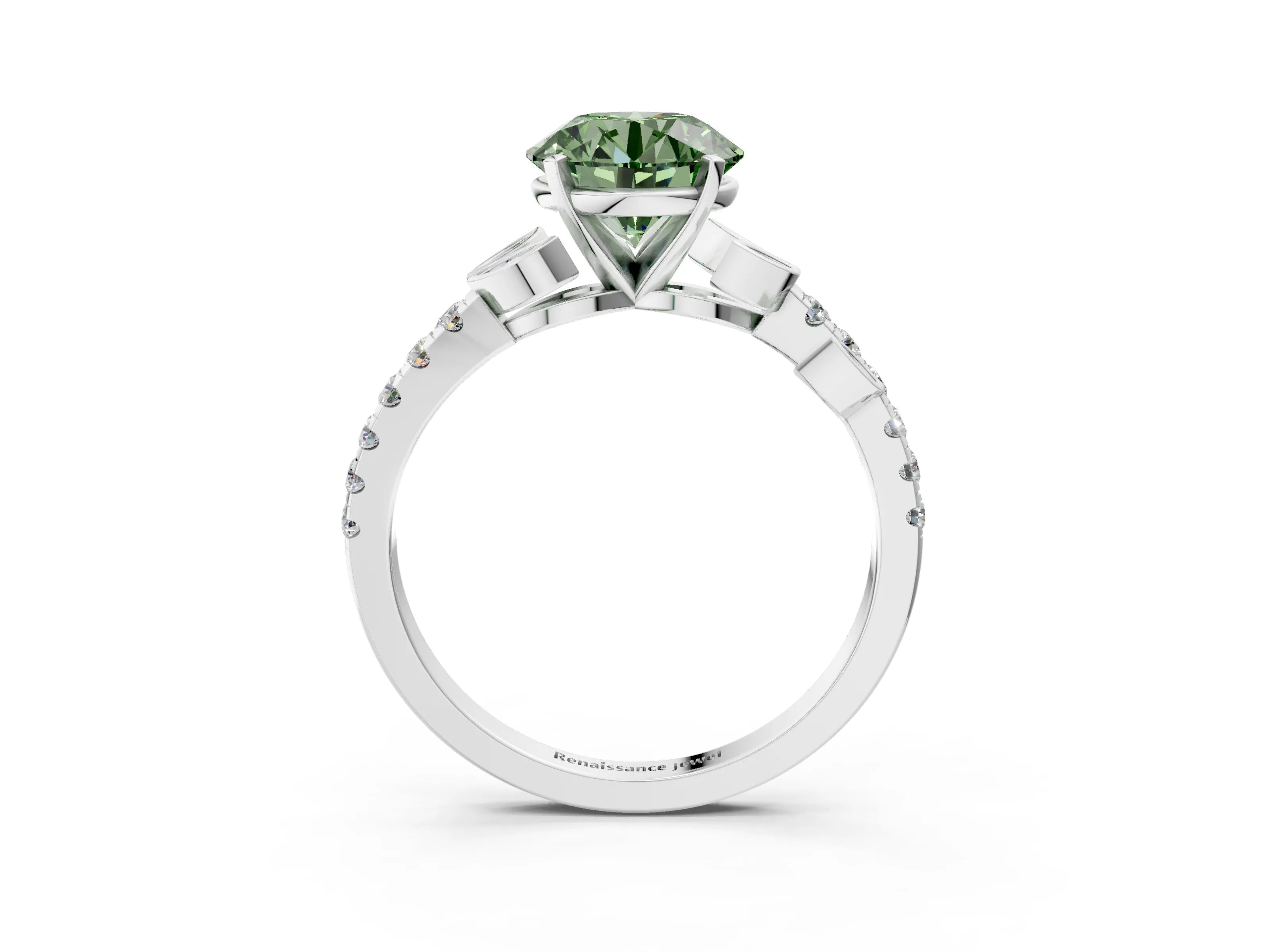 White gold Fancy Green Round Cut Solitaire Leaf-Inspired Diamond Ring with Pavé Band and Four-Prong Setting_15