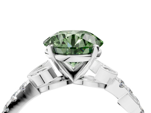 White gold Fancy Green Round Cut Solitaire Leaf-Inspired Diamond Ring with Pavé Band and Four-Prong Setting_16