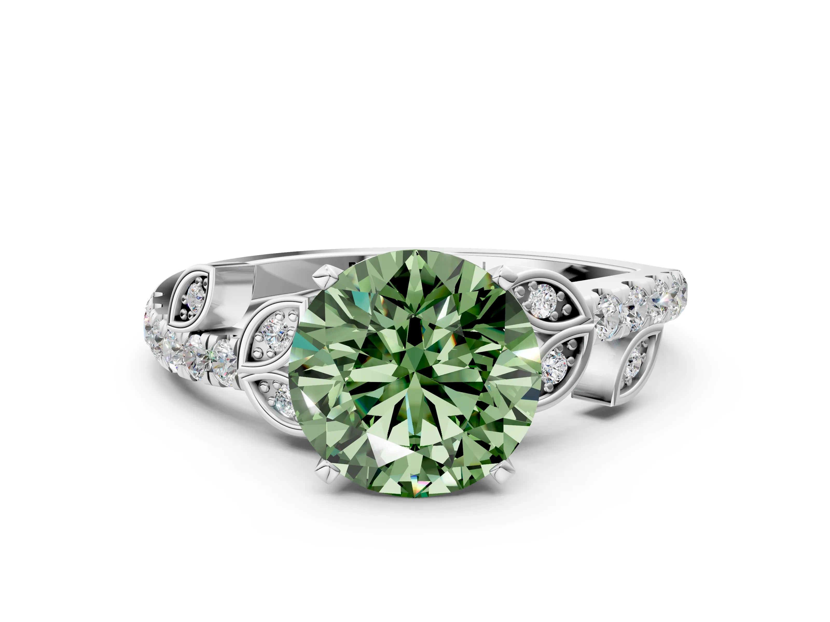 White gold Fancy Green Round Cut Solitaire Leaf-Inspired Diamond Ring with Pavé Band and Four-Prong Setting_36