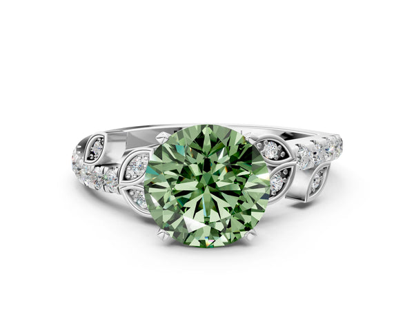 White gold Fancy Green Round Cut Solitaire Leaf-Inspired Diamond Ring with Pavé Band and Four-Prong Setting