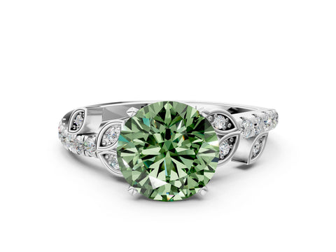 White gold Fancy Green Round Cut Solitaire Leaf-Inspired Diamond Ring with Pavé Band and Four-Prong Setting_36