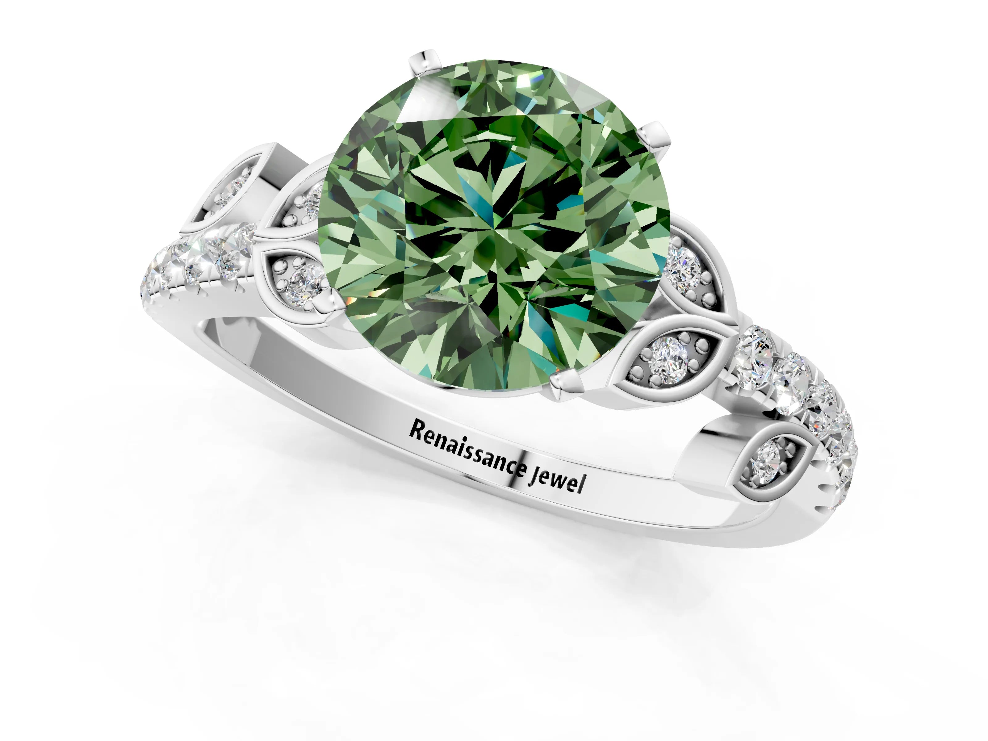 White gold Fancy Green Round Cut Solitaire Leaf-Inspired Diamond Ring with Pavé Band and Four-Prong Setting_37