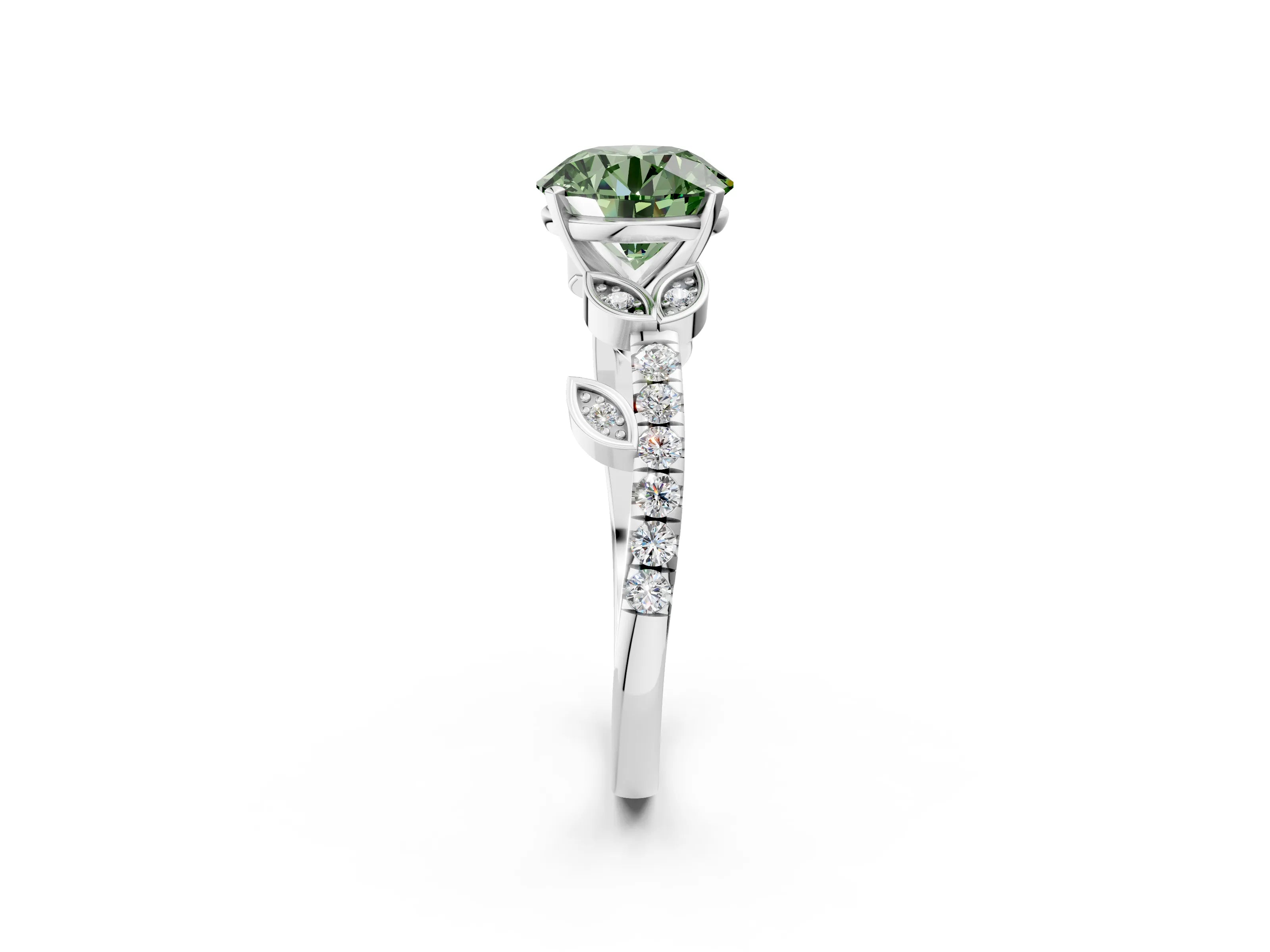 White gold Fancy Green Round Cut Solitaire Leaf-Inspired Diamond Ring with Pavé Band and Four-Prong Setting_38
