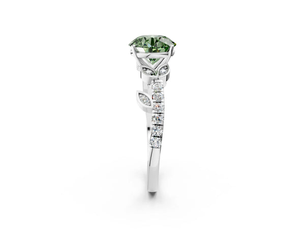 White gold Fancy Green Round Cut Solitaire Leaf-Inspired Diamond Ring with Pavé Band and Four-Prong Setting