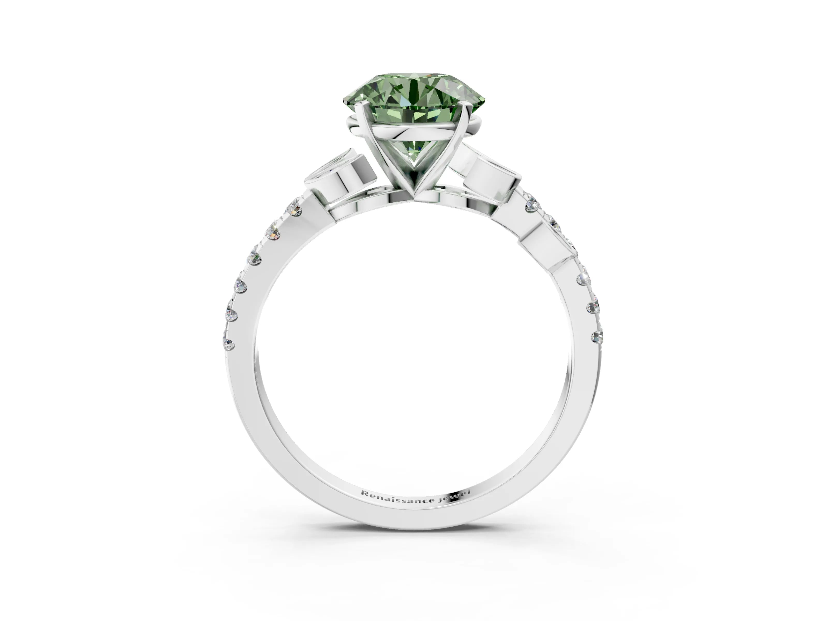 White gold Fancy Green Round Cut Solitaire Leaf-Inspired Diamond Ring with Pavé Band and Four-Prong Setting_39