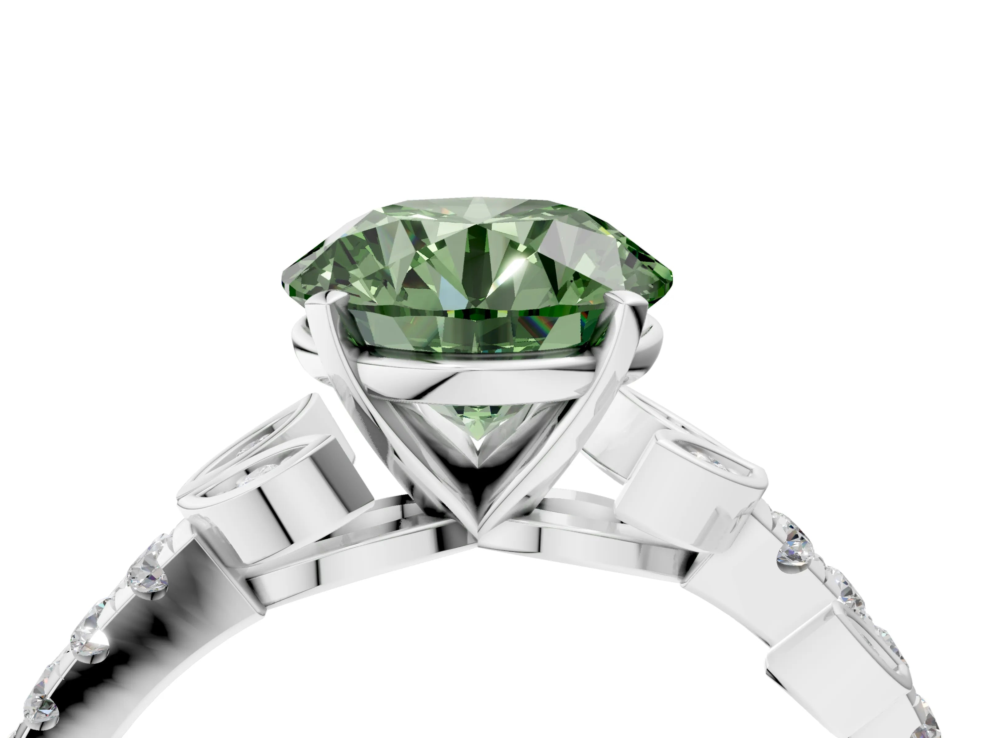 White gold Fancy Green Round Cut Solitaire Leaf-Inspired Diamond Ring with Pavé Band and Four-Prong Setting_40