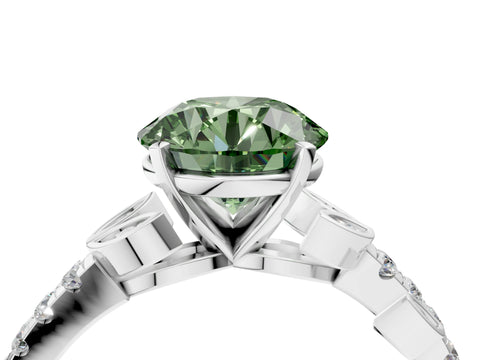 White gold Fancy Green Round Cut Solitaire Leaf-Inspired Diamond Ring with Pavé Band and Four-Prong Setting_40