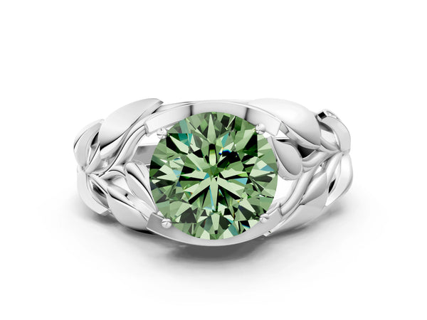 Platinum Fancy Green Round Cut Solitaire Leaf-Inspired Engagement Ring with Prong Setting
