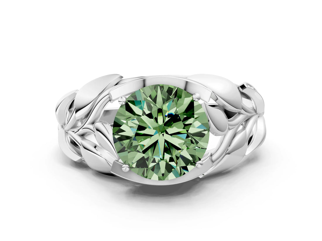 White gold Fancy Green Round Cut Solitaire Leaf-Inspired Engagement Ring with Prong Setting_12