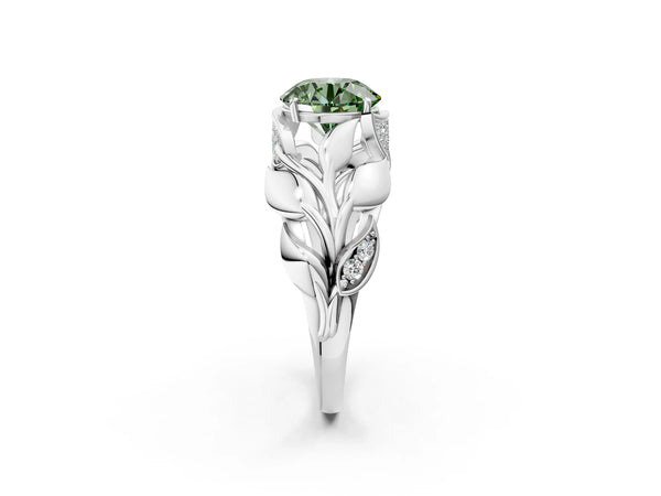 Platinum Round Leaf Bypass Engagement Ring Setting for Fancy Green Center with Pave Leaf Panels