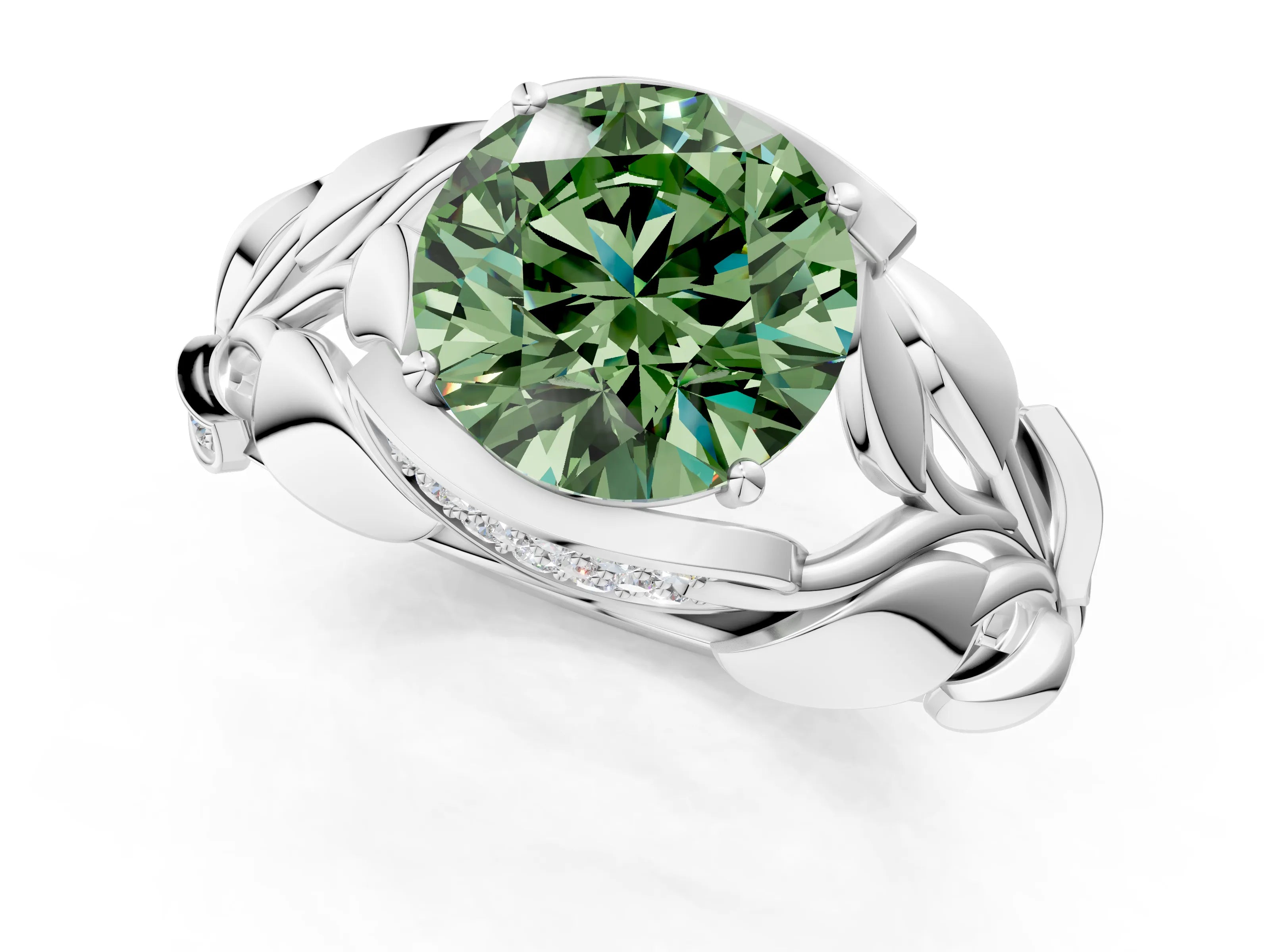 White gold Fancy Green Round Cut Solitaire Leaf-Inspired Engagement Ring with Prong Setting_1
