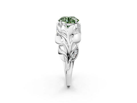 White gold Fancy Green Round Cut Solitaire Leaf-Inspired Engagement Ring with Prong Setting_2