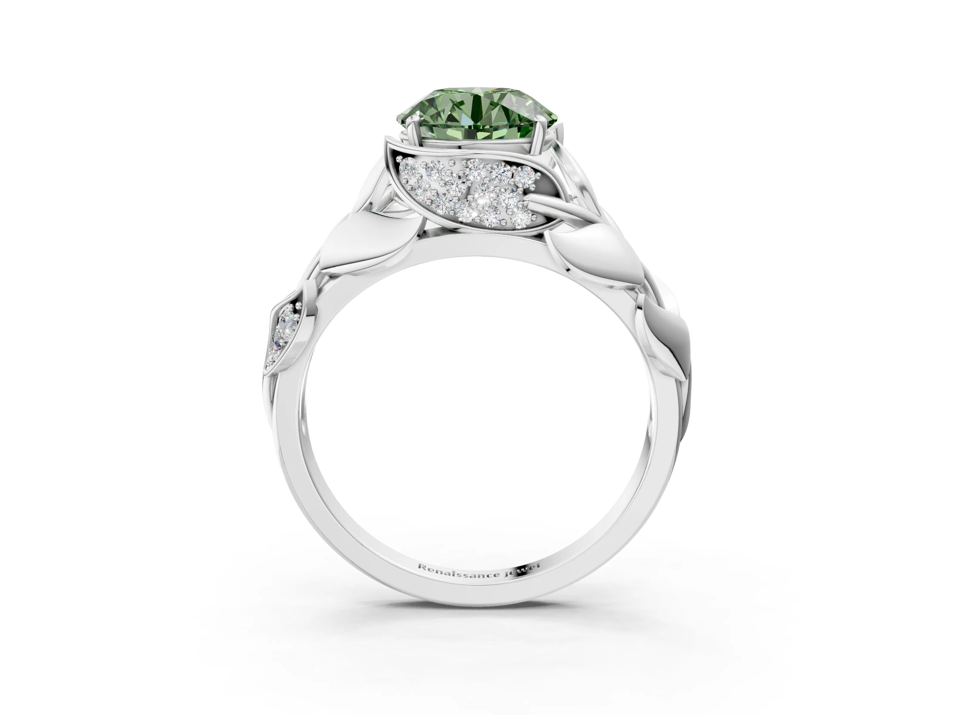 White gold Fancy Green Round Cut Solitaire Leaf-Inspired Engagement Ring with Prong Setting_3