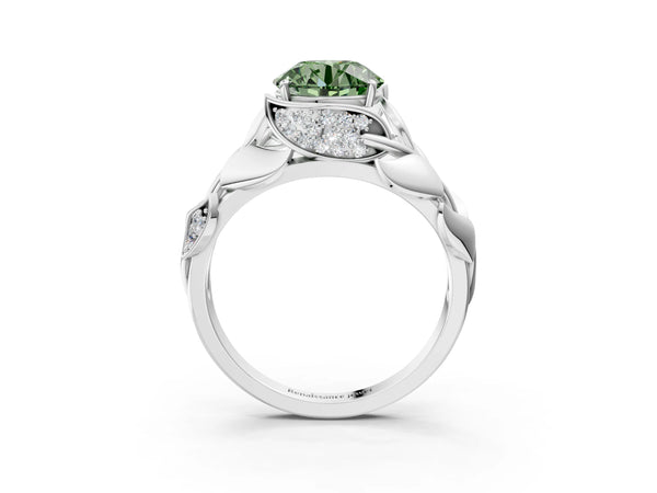 Platinum Fancy Green Round Cut Solitaire Leaf-Inspired Engagement Ring with Prong Setting