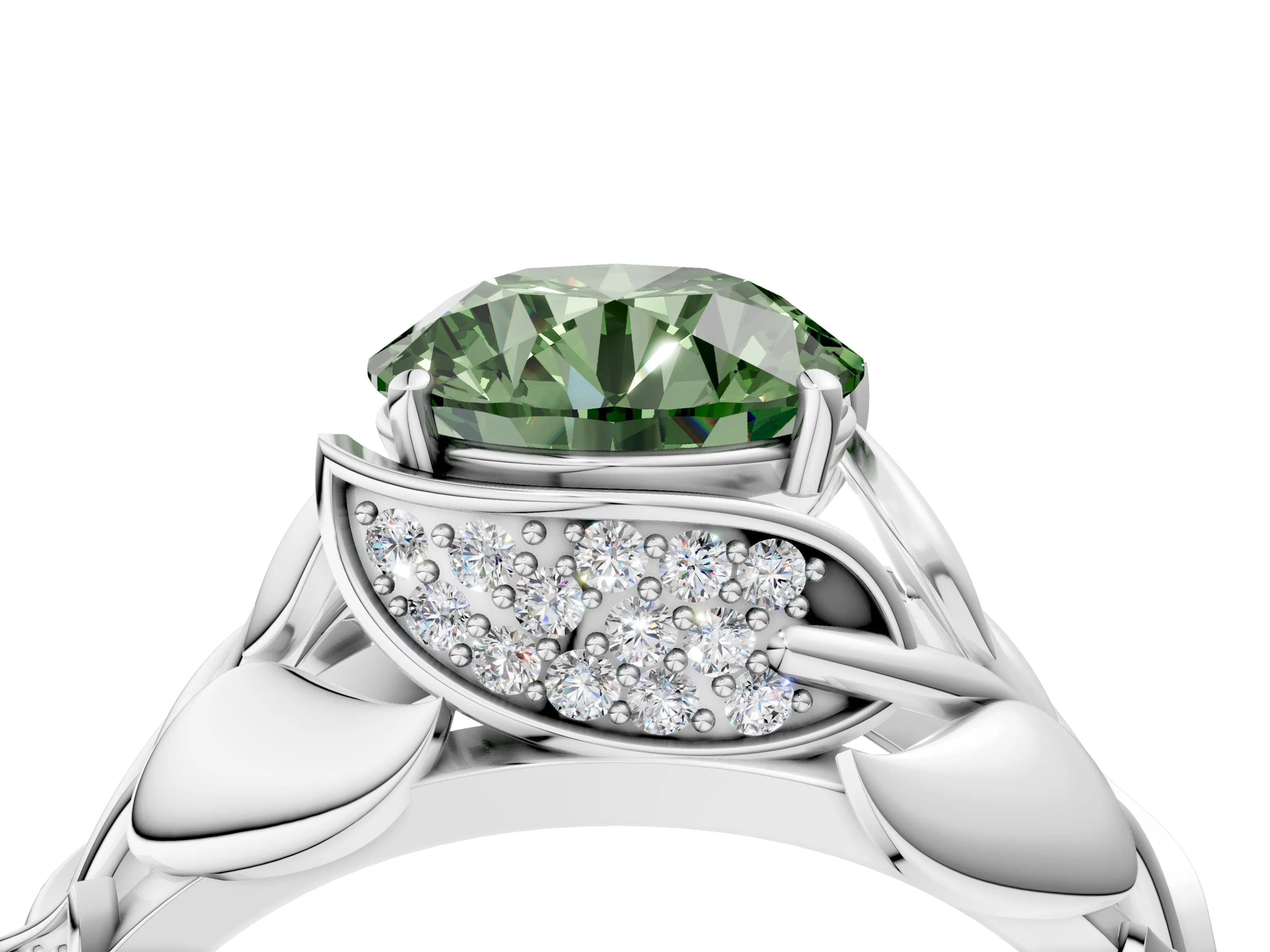 White gold Fancy Green Round Cut Solitaire Leaf-Inspired Engagement Ring with Prong Setting_4
