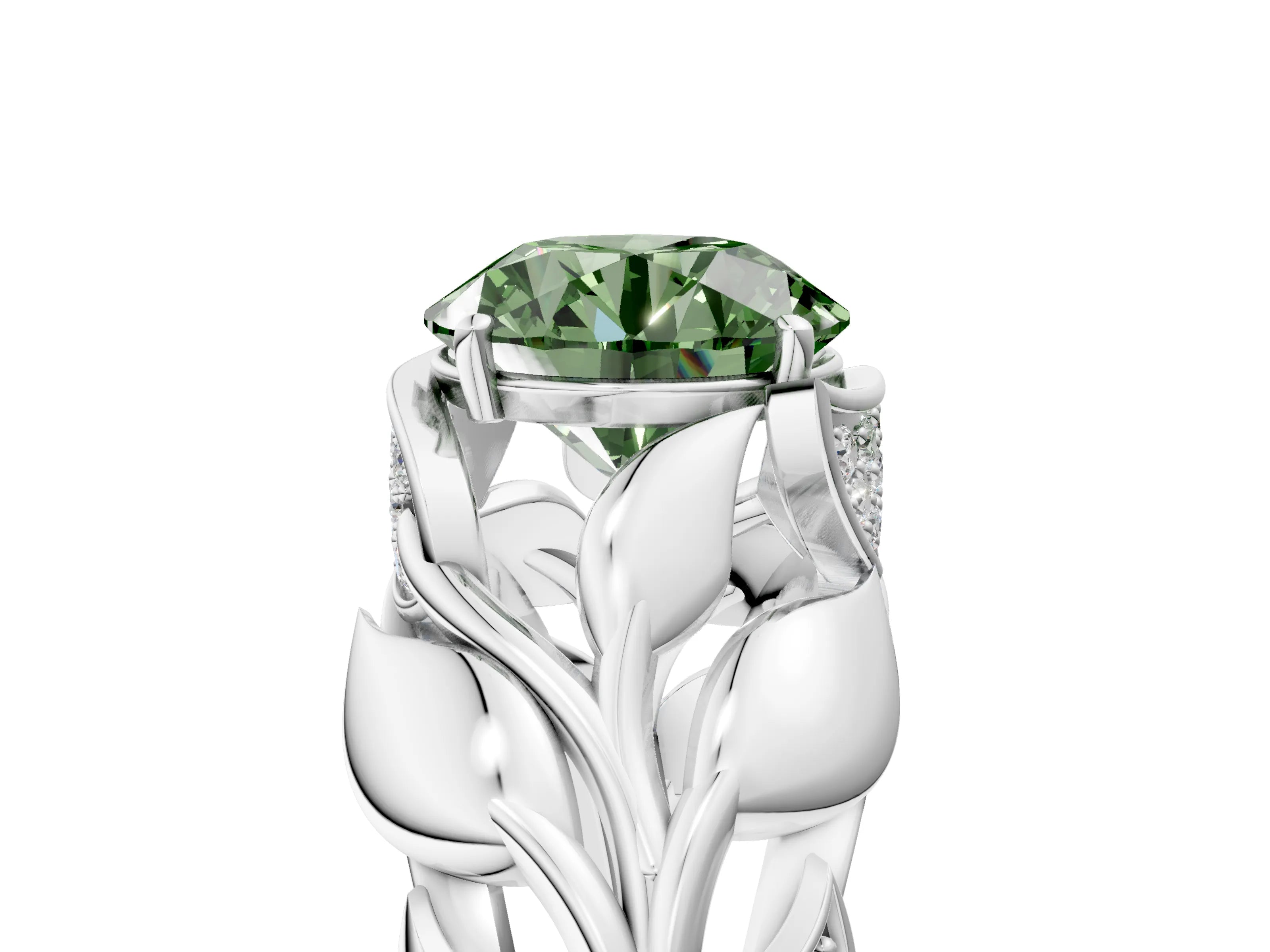 White gold Fancy Green Round Cut Solitaire Leaf-Inspired Engagement Ring with Prong Setting_5