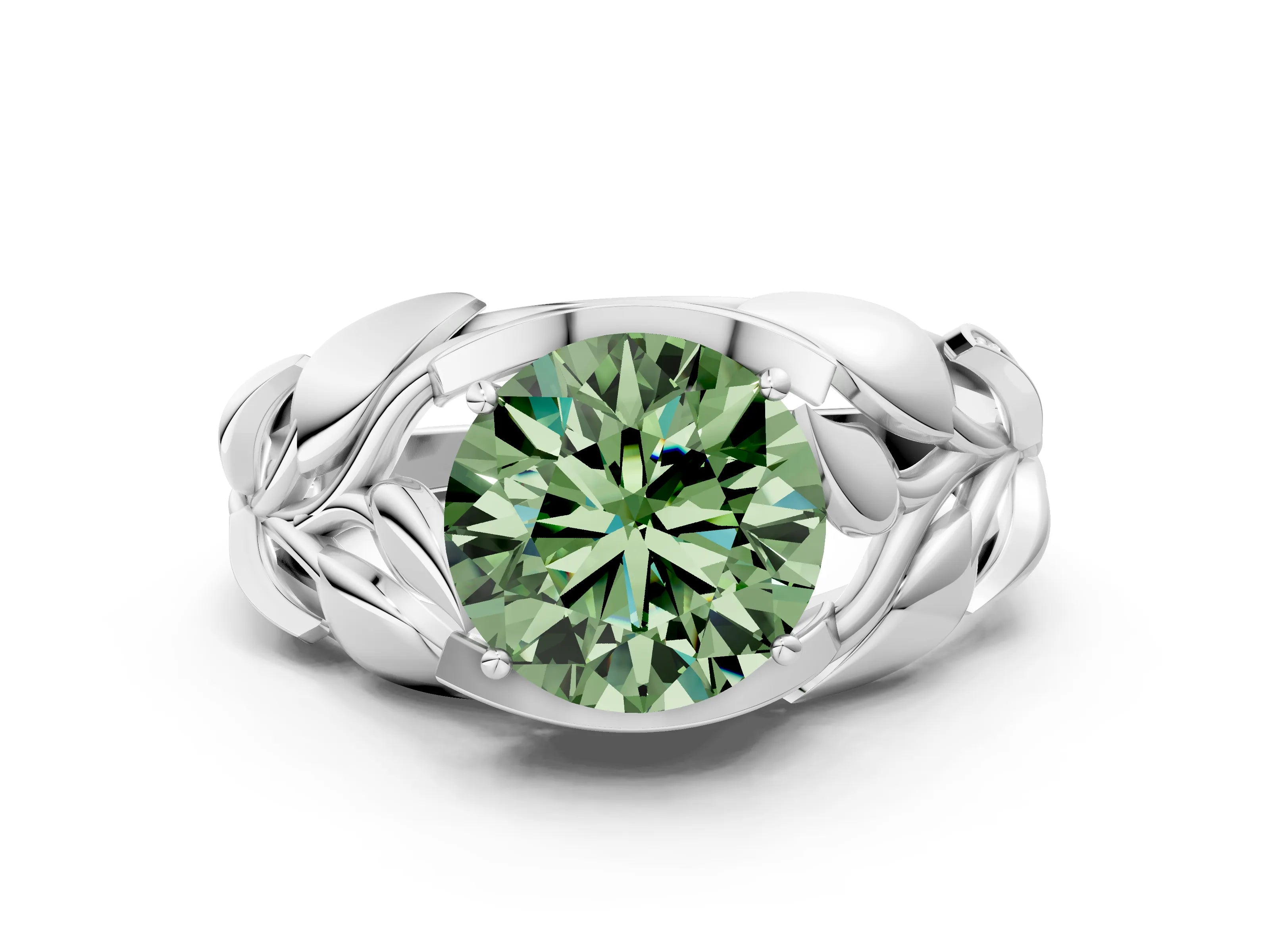 White gold Fancy Green Round Cut Solitaire Leaf-Inspired Engagement Ring with Prong Setting