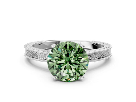 White gold Fancy Green Round Cut Solitaire Milgrain Engraved Band with Four-Prong Setting