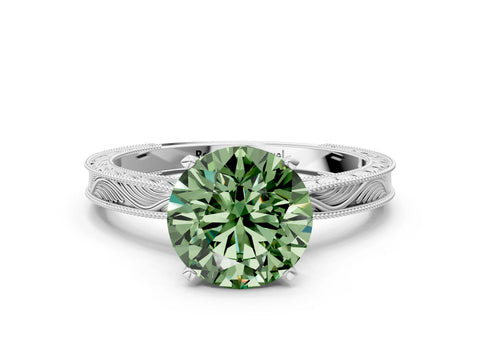 White gold Fancy Green Round Cut Solitaire Milgrain Engraved Band with Four-Prong Setting_12
