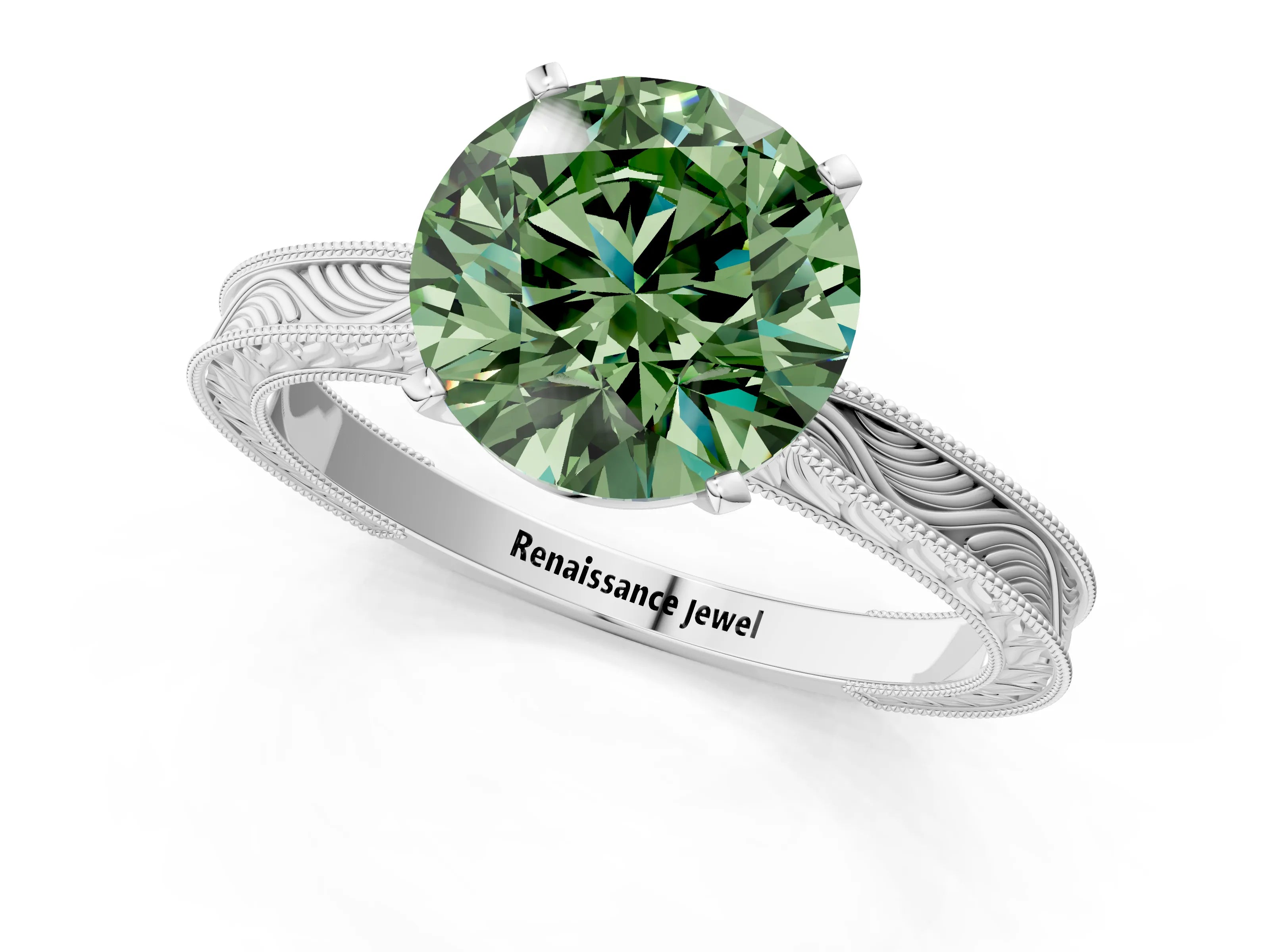 White gold Fancy Green Round Cut Solitaire Milgrain Engraved Band with Four-Prong Setting_13