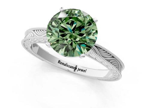 White gold Fancy Green Round Cut Solitaire Milgrain Engraved Band with Four-Prong Setting_13