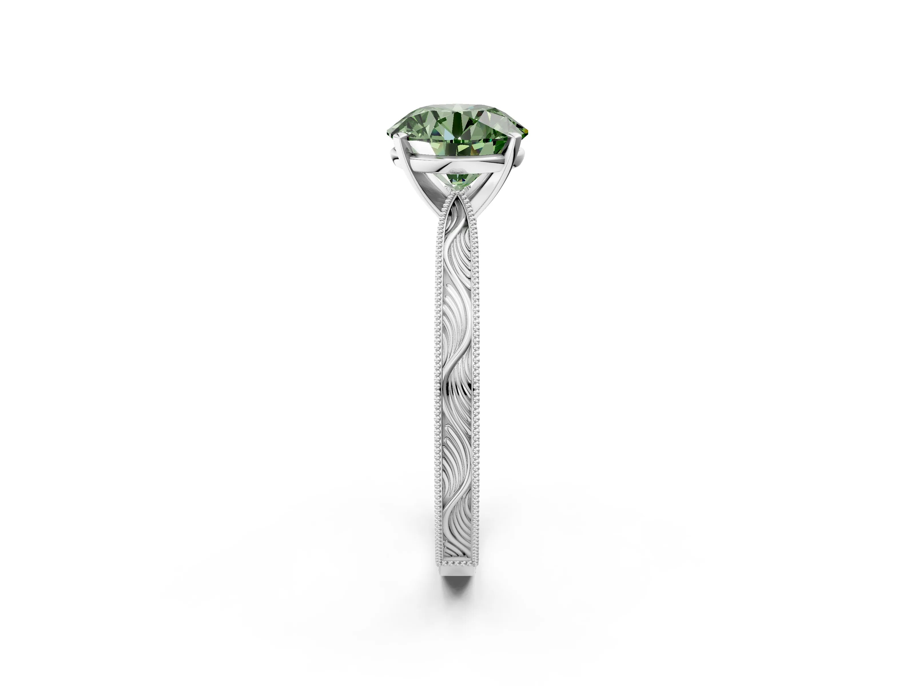 White gold Fancy Green Round Cut Solitaire Milgrain Engraved Band with Four-Prong Setting_14