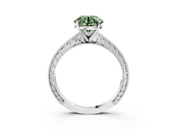 Platinum Round Solitaire Engagement Ring Setting for Fancy Green Center with Engraved Band
