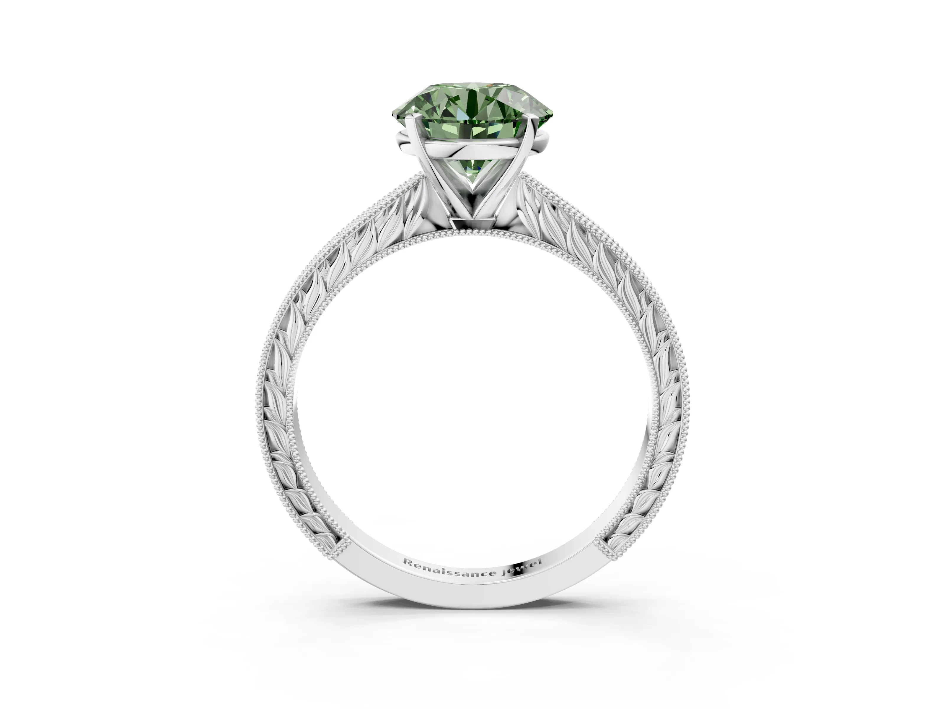 White gold Fancy Green Round Cut Solitaire Milgrain Engraved Band with Four-Prong Setting_15
