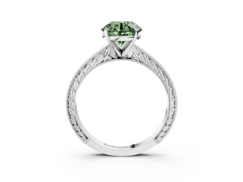 White gold Fancy Green Round Cut Solitaire Milgrain Engraved Band with Four-Prong Setting_15