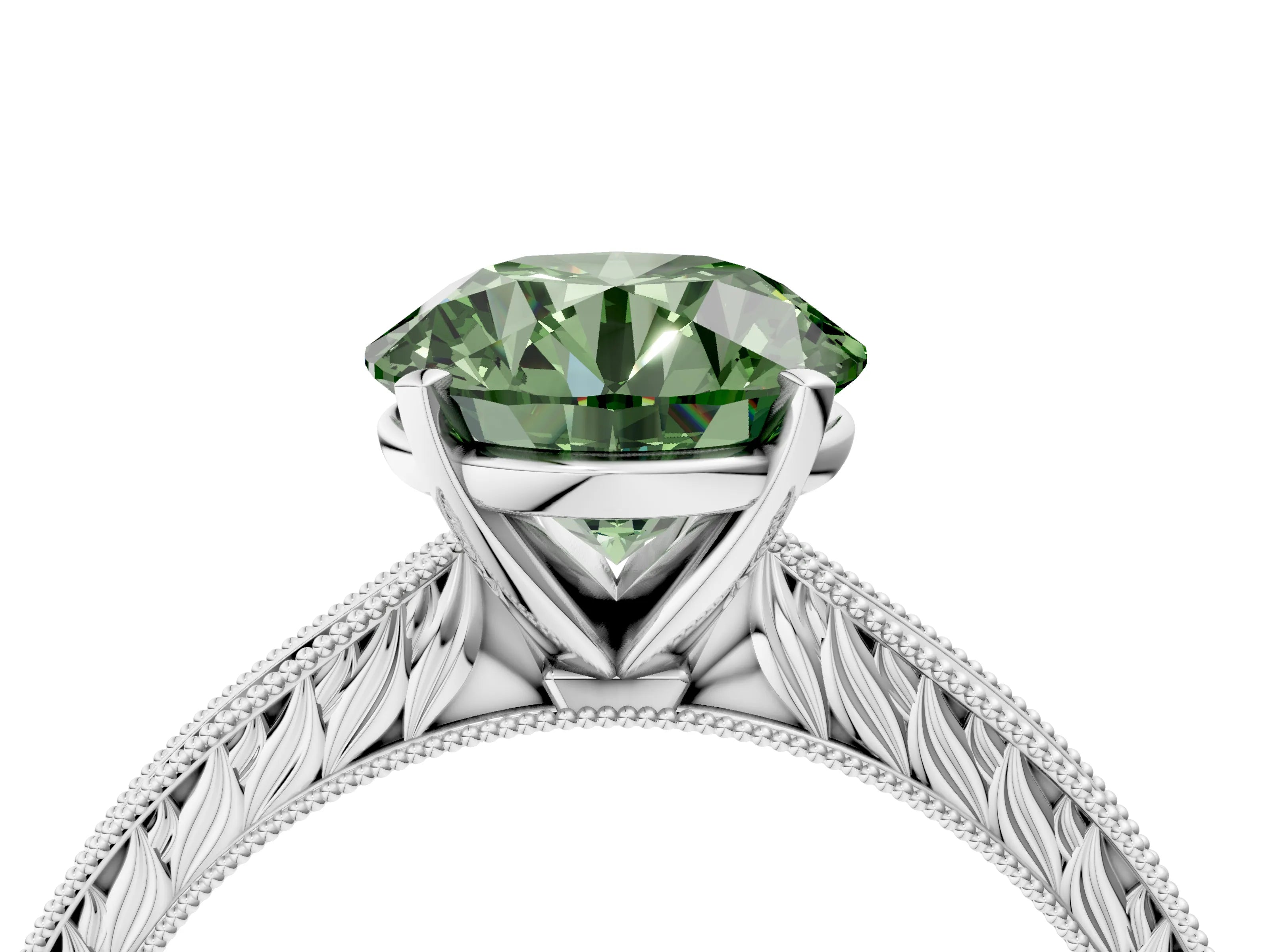 White gold Fancy Green Round Cut Solitaire Milgrain Engraved Band with Four-Prong Setting_16