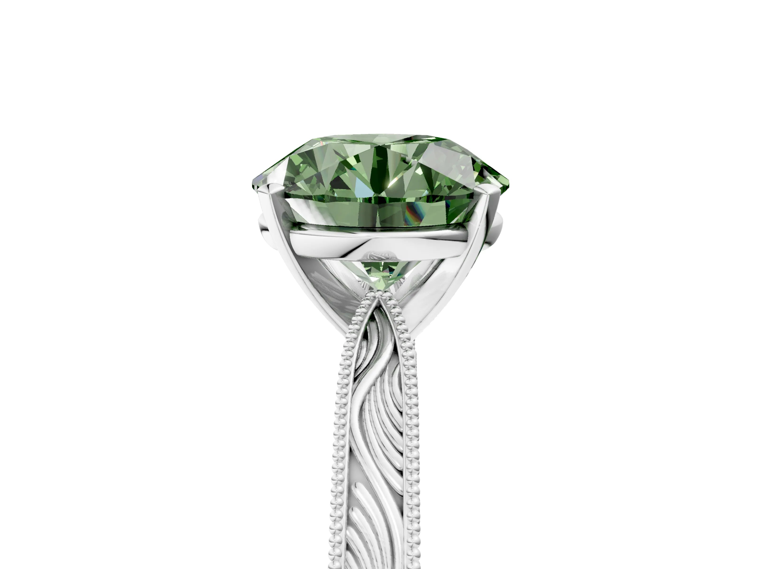 White gold Fancy Green Round Cut Solitaire Milgrain Engraved Band with Four-Prong Setting_17