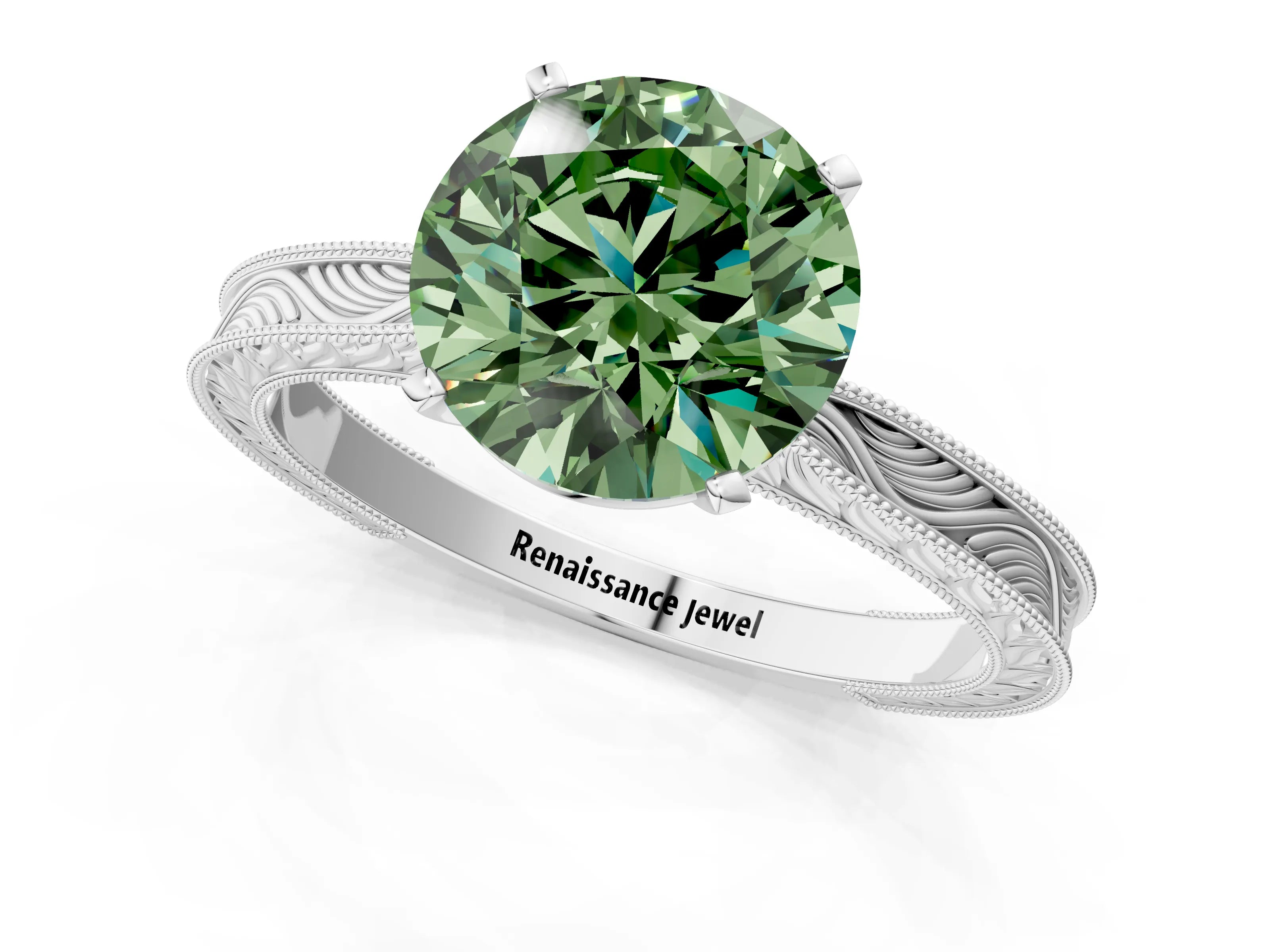 White gold Fancy Green Round Cut Solitaire Milgrain Engraved Band with Four-Prong Setting_1