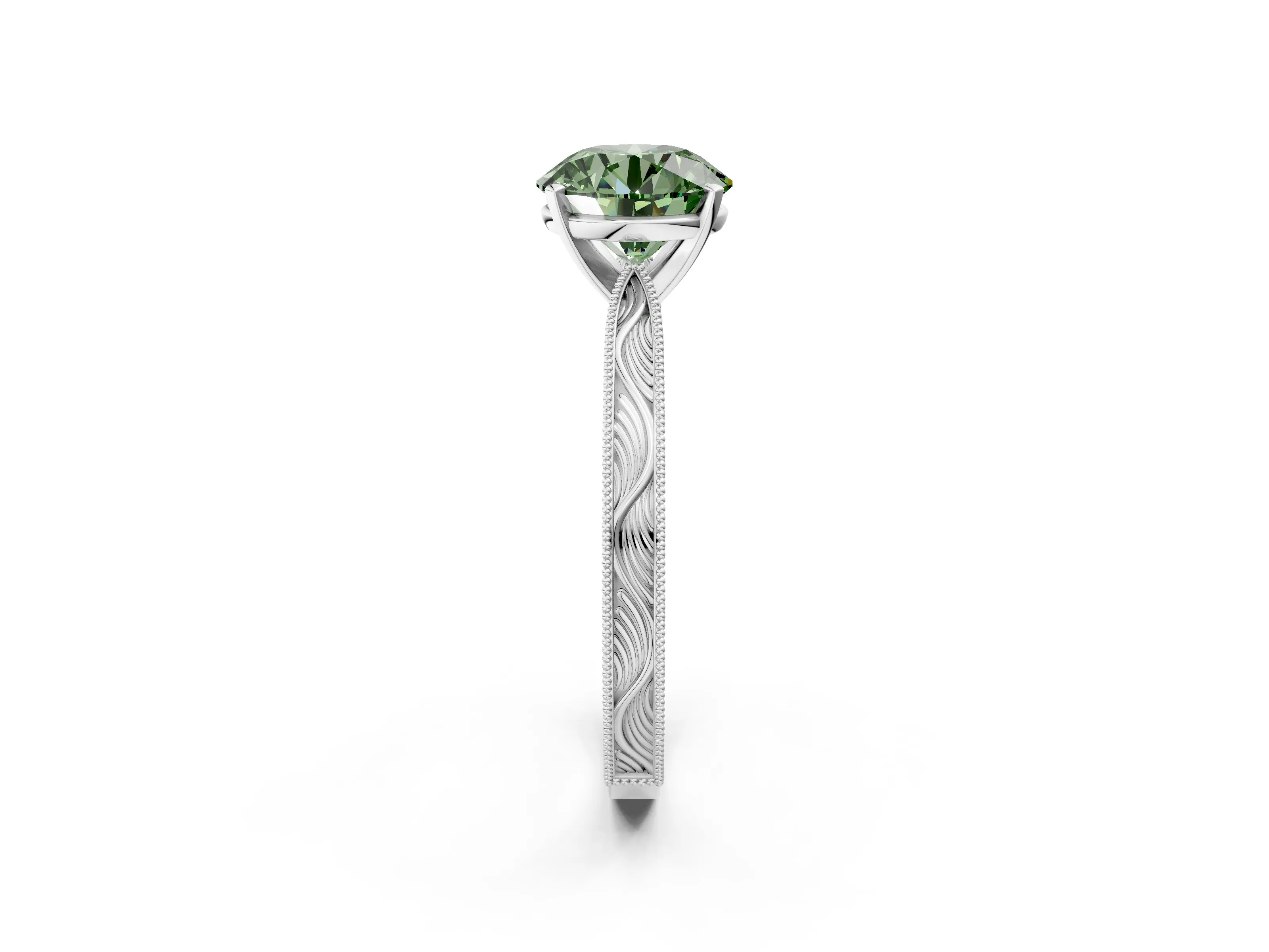 White gold Fancy Green Round Cut Solitaire Milgrain Engraved Band with Four-Prong Setting_2