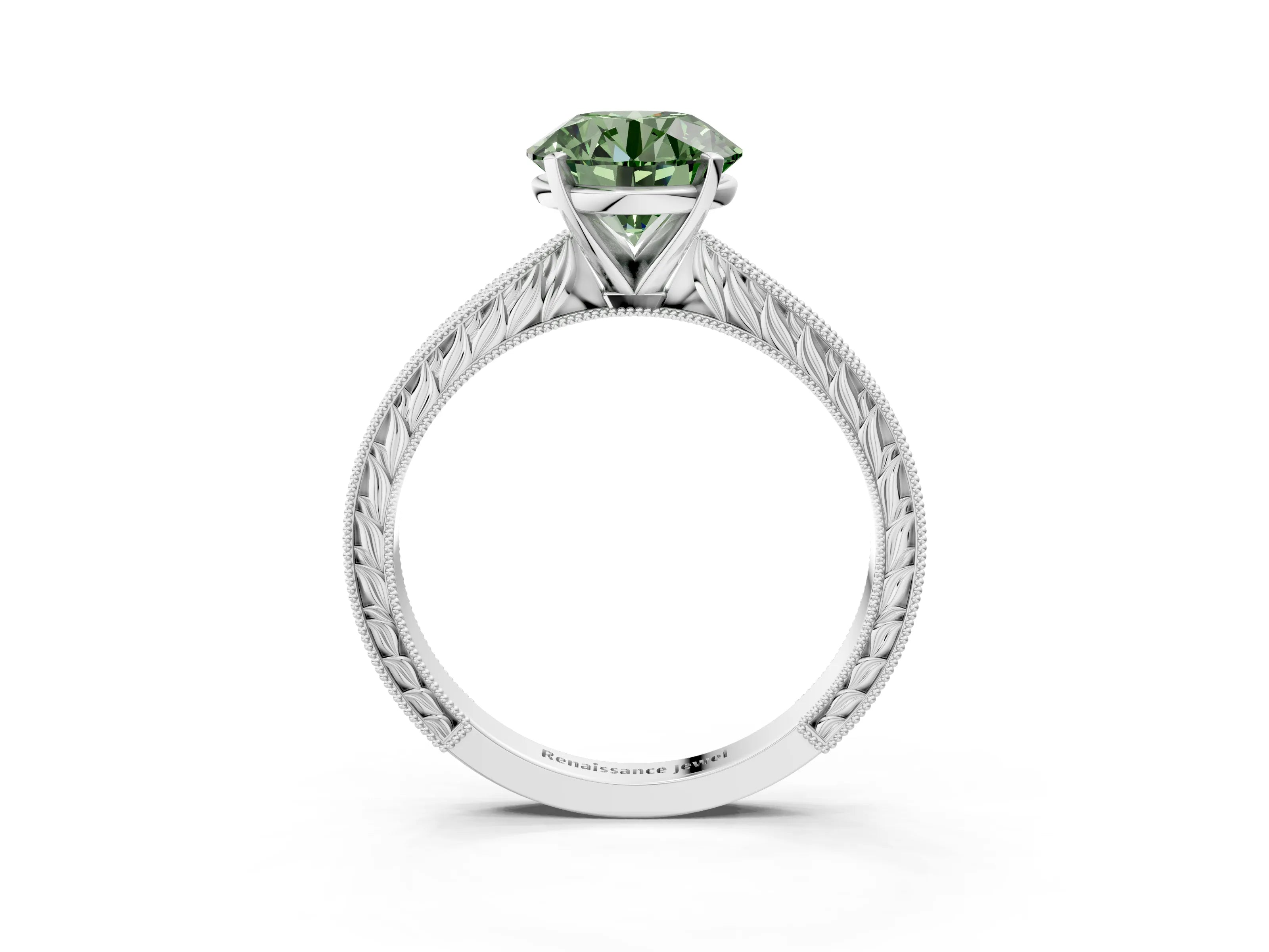 White gold Fancy Green Round Cut Solitaire Milgrain Engraved Band with Four-Prong Setting_3