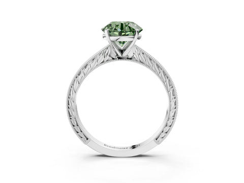 White gold Fancy Green Round Cut Solitaire Milgrain Engraved Band with Four-Prong Setting_3