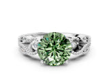 White gold Fancy Green Round Cut Solitaire Milgrain Leaf Band with Prong Setting_12