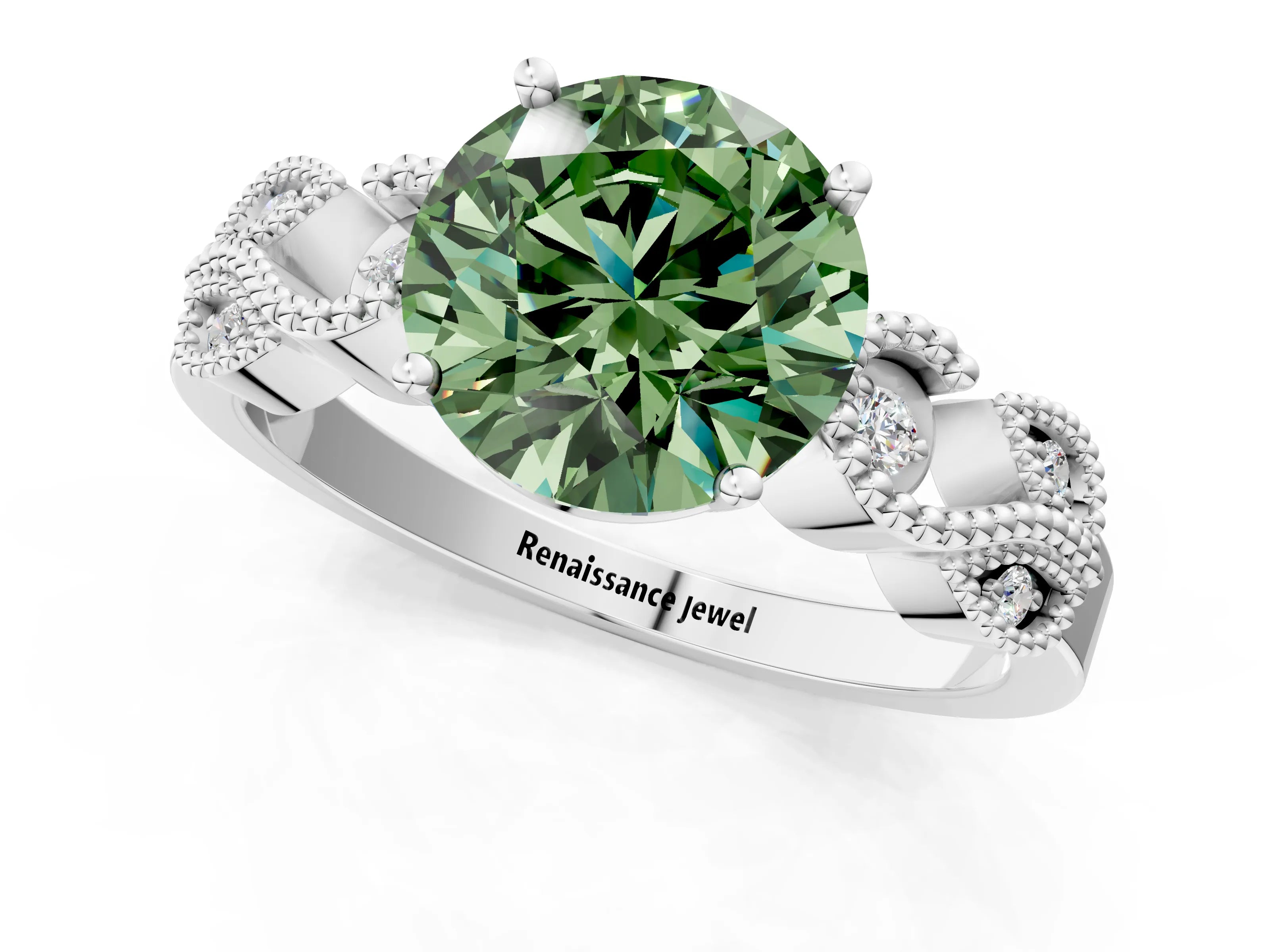 White gold Fancy Green Round Cut Solitaire Milgrain Leaf Band with Prong Setting_13