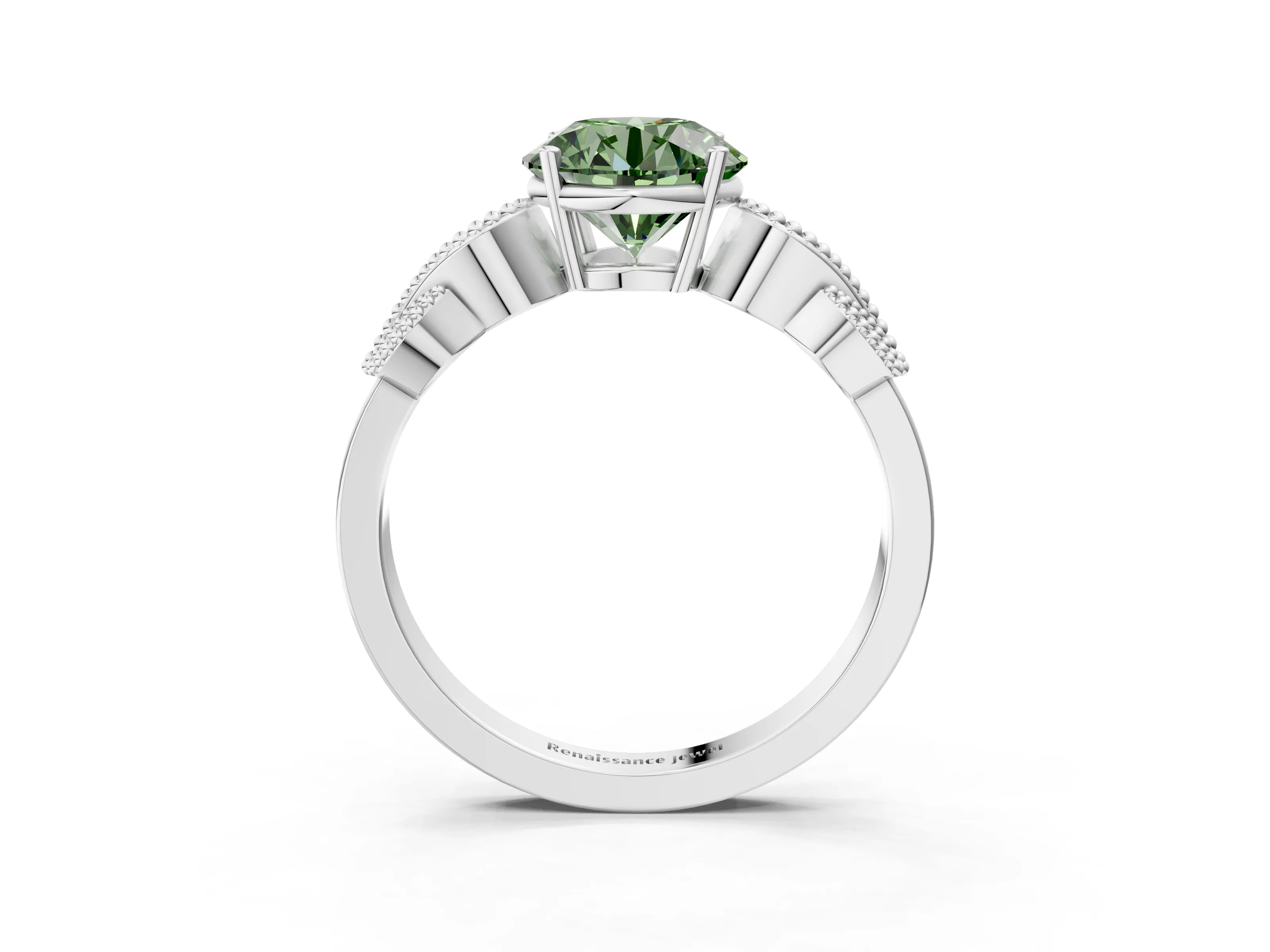 White gold Fancy Green Round Cut Solitaire Milgrain Leaf Band with Prong Setting_15