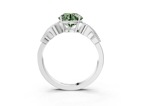 White gold Fancy Green Round Cut Solitaire Milgrain Leaf Band with Prong Setting_15