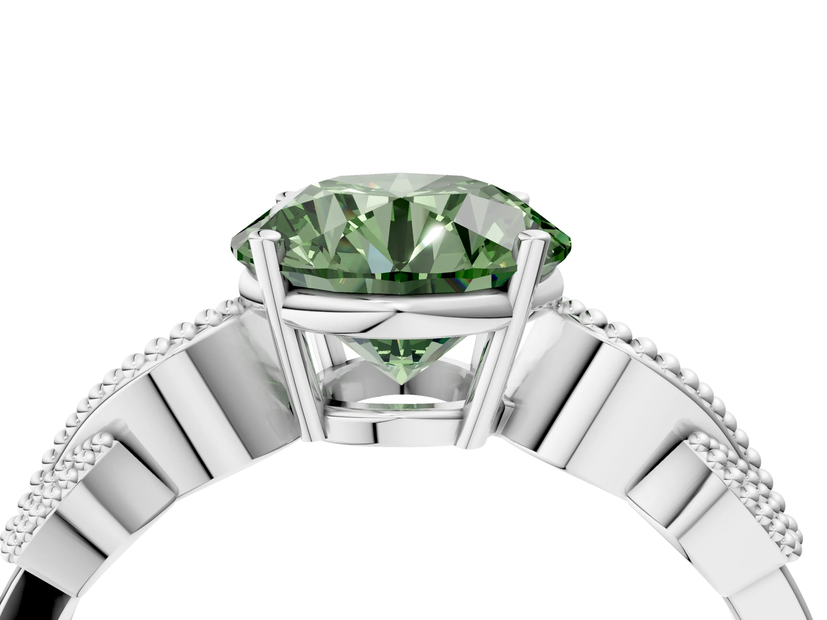 White gold Fancy Green Round Cut Solitaire Milgrain Leaf Band with Prong Setting_16