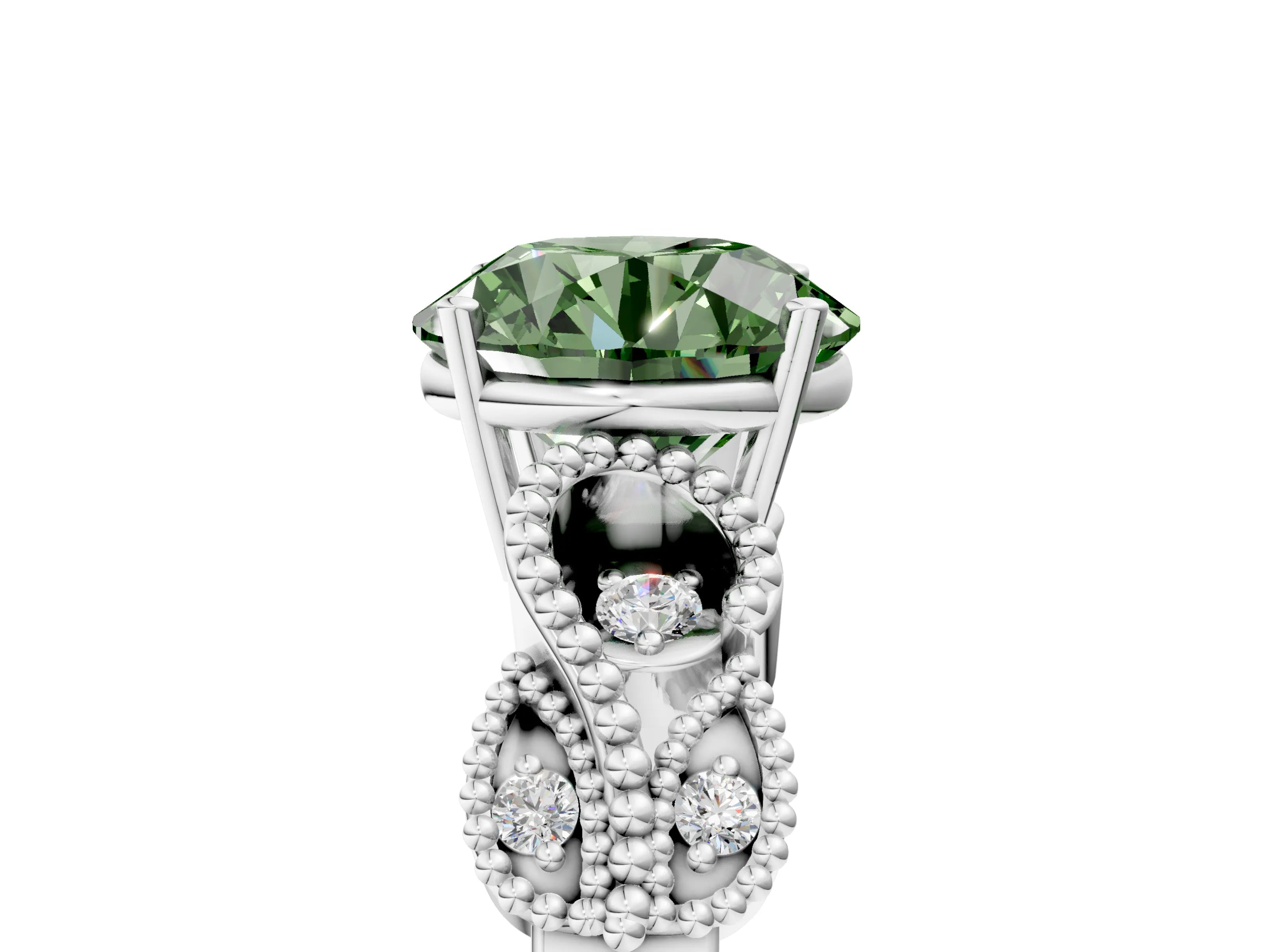 White gold Fancy Green Round Cut Solitaire Milgrain Leaf Band with Prong Setting_17