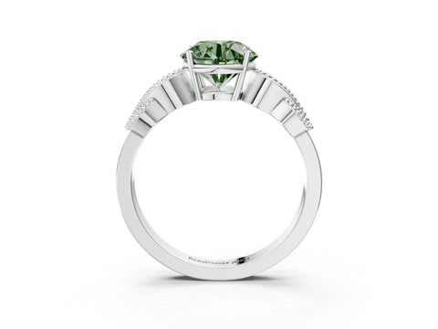 White gold Fancy Green Round Cut Solitaire Milgrain Leaf Band with Prong Setting_3