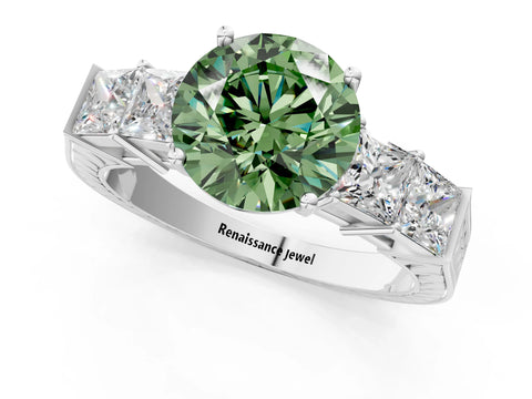 White gold Fancy Green Round Cut Solitaire Princess Side Stone Engraved Band Prong Setting Ring_1